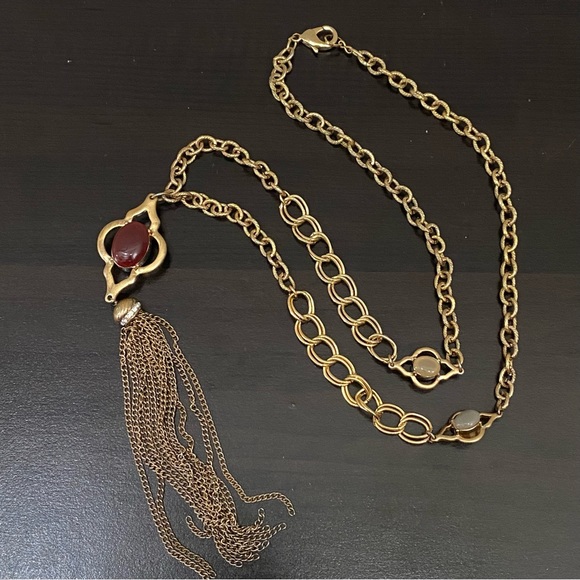Vintage Double Sided Semi-Precious Stone Gold-tone Chain Tassel Necklace - Picture 7 of 16
